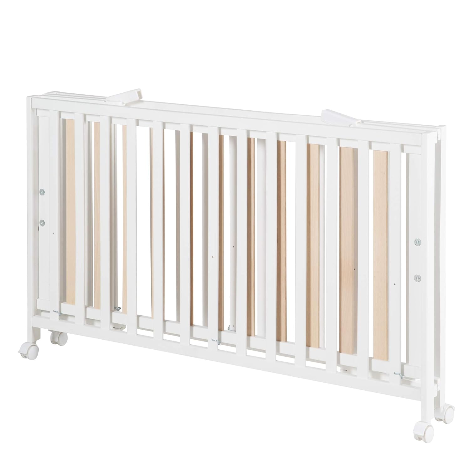 roba Klappbett Fold Up 60 x 120 - Klappbares Babybett aus Holz - 2-fach höhenverstellbar - Platzsparendes Gitterbett auf Rollen - Weiß