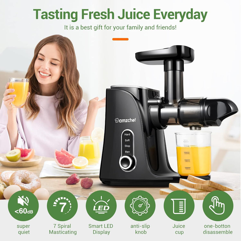 AMZCHEF Estrattore di Succo per Frutta e Verdura con 2 Modalità di Velocità - Slow Juicer con Bottiglia Portatile e 2 Tazze - Cold Press Juicer Senza BPA con LED Intelligente e Funzione di Inversione - Nero
