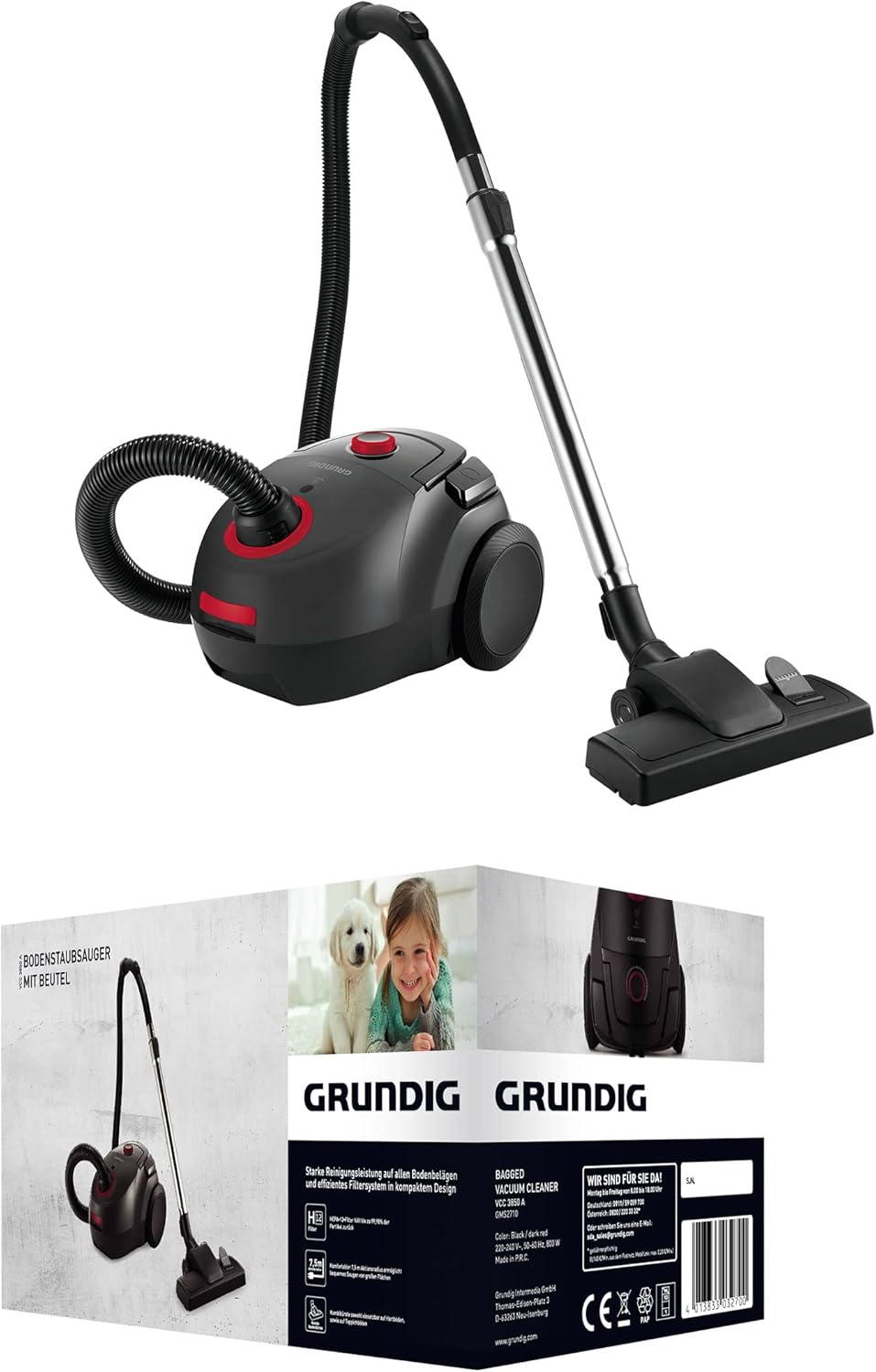 Grundig, VCC 3850 A Aspirapolvere a traino con sacco, 800 W, 2,1 L, Nero/Rosso