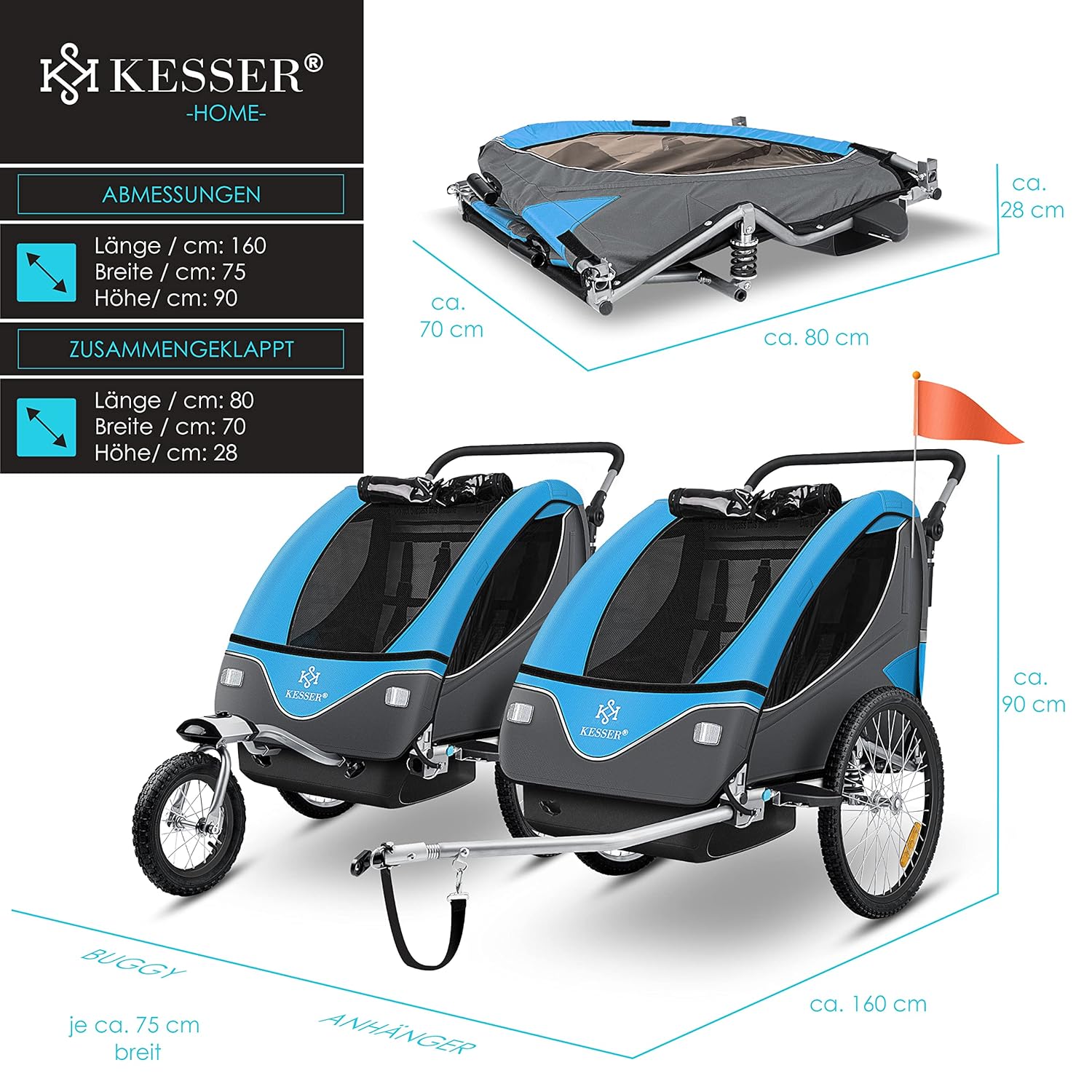 KESSER® Kinderanhänger Fahrradanhänger 360° Drehbar mit Federung 2in1 Joggerfunktion Kinderfahrradanhänger + 5-Punkt Gurt Jogger Fahrrad Anhänger für 1 bis 2 Kinder max. 40kg Inkl. Warnfahne, Schwarz