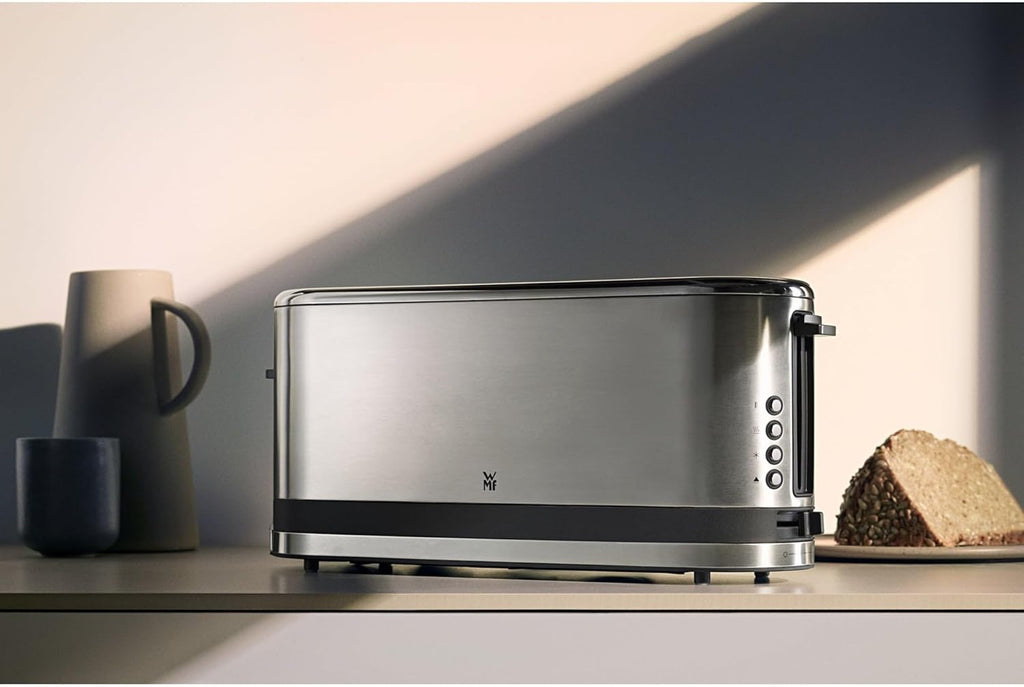 WMF Küchenminis Tostapane a fessura lunga con accessorio scaldabriosche, 2 fette, XXL, funzione bagel, 7 livelli di doratura, 900W, Tostapane acciaio inox opaco