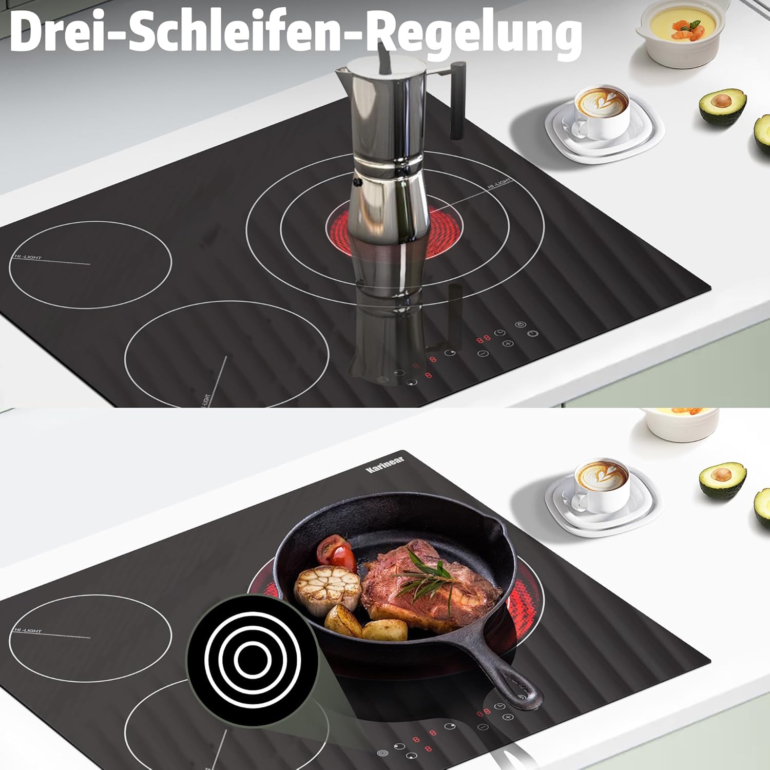 Karinear Einbau-Kochfeld aus Glaskeramik, 4 Kochfelder, mit doppelter ausziehbarer Zone, integrierter elektrischer Tisch mit Touch-Steuerung, Timer, Verriegelung für Kinder, 6600 W