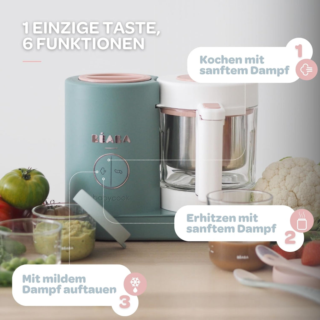 Béaba - Babycook Neo - 6 in 1 Babynahrungszubereiter - Schonender Dampfgarer - Glaskrug und Garkorb aus Edelstahl - Mineralgrau