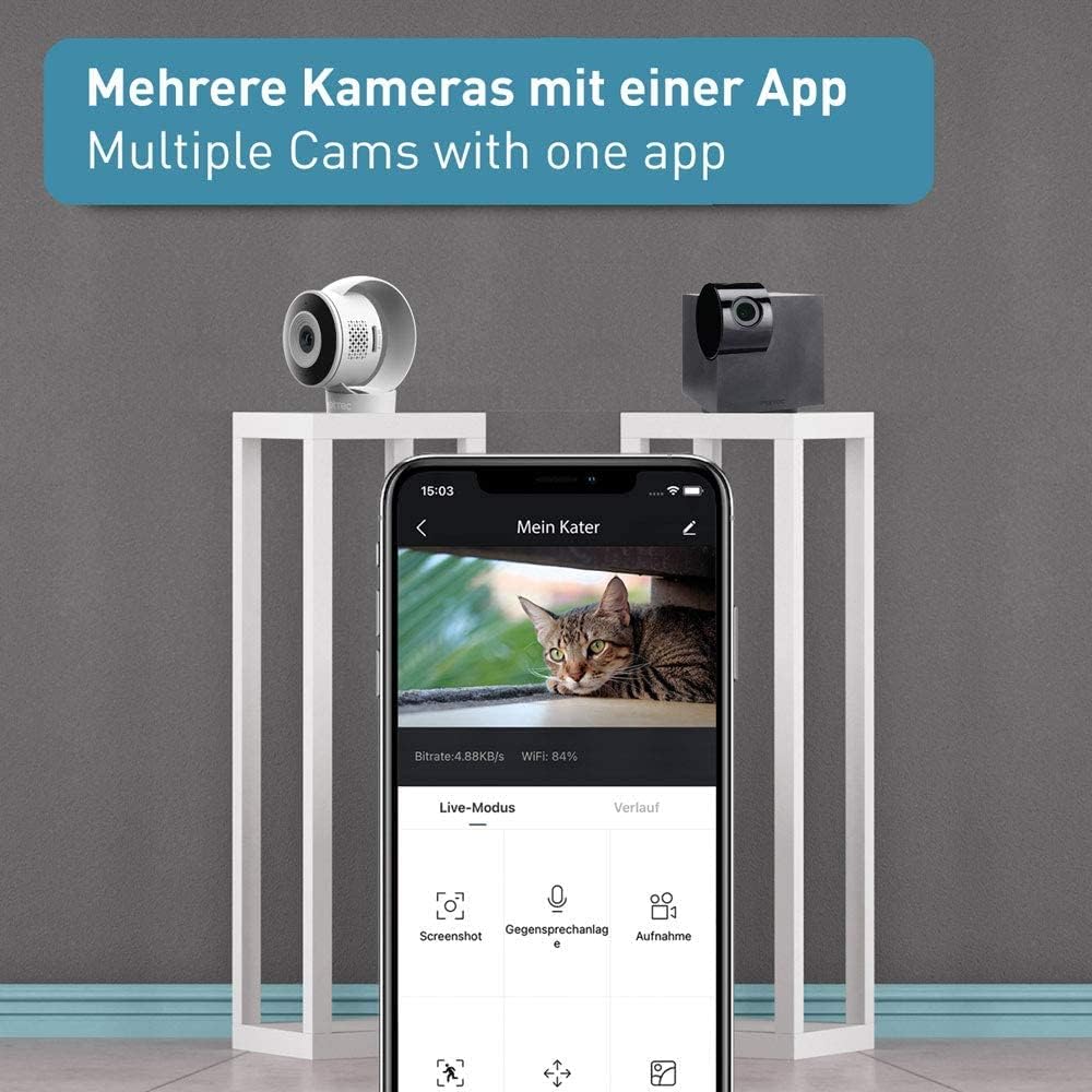 PetTec Videocamera per animali domestici a 360° e distributore automatico di cibo con espulsione di crocchette - tramite App e pulsante multifunzione - Rilevamento dei latrati - Funzione visione notturna 3MP - Telecamera per cani e gatti