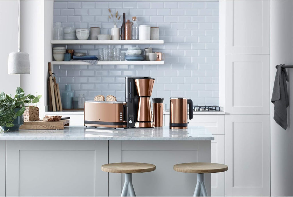 WMF Küchenminis Macchina da caffè con filtro Aroma, piccola, con caraffa termica, 870 Watt, tazza termica da asporto, macchina da caffè singola piccola con timer, cromargan opaco