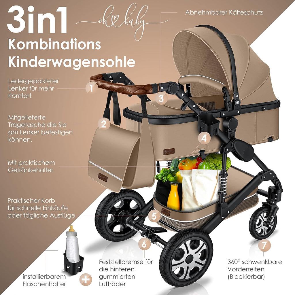 KESSER® Loops Passeggino Trio 3 in 1, Set Completo con Navicella, Seduta Passeggino e Seggiolino Auto Ovetto, Ruote in Gomma Piena, Borsa Fasciatoio, Parapioggia, Tavolino, ECE R129, Nero/Champagne