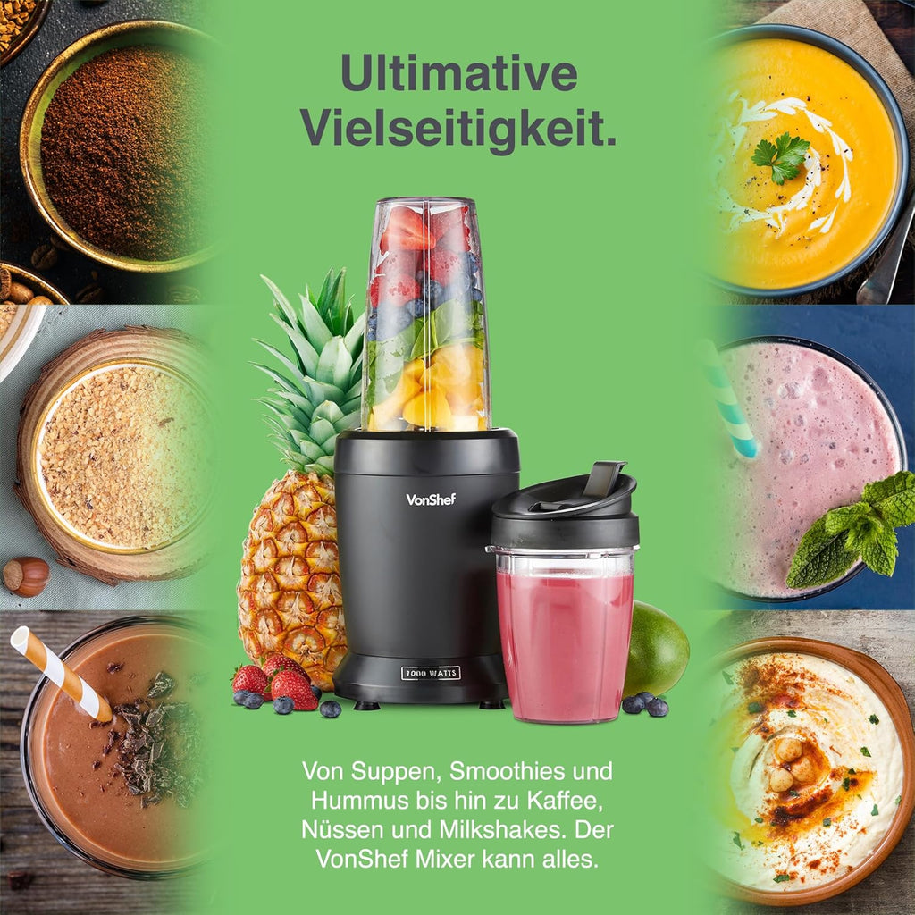VonShef Frullatore Mixer per Smoothie – Frullatore per Frutta, Verdura e Ghiaccio Tritato, 1000 W/ 500 ml & 800 ml – Frullatore Portatile con Tazza da Viaggio – Mini Mixer con 1 Pulsante - Nero