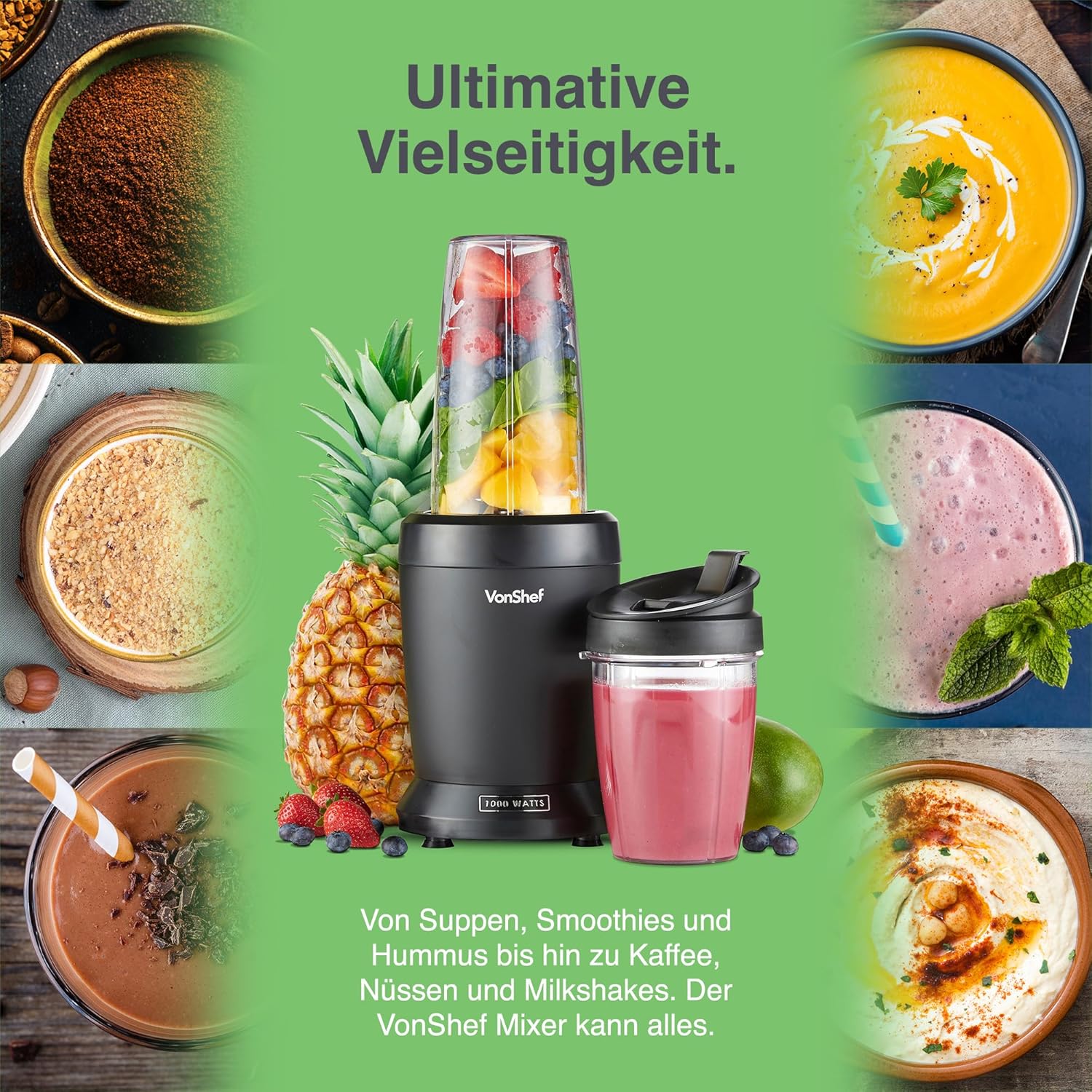 VonShef Frullatore Mixer per Smoothie – Frullatore per Frutta, Verdura e Ghiaccio Tritato, 1000 W/ 500 ml & 800 ml – Frullatore Portatile con Tazza da Viaggio – Mini Mixer con 1 Pulsante - Nero