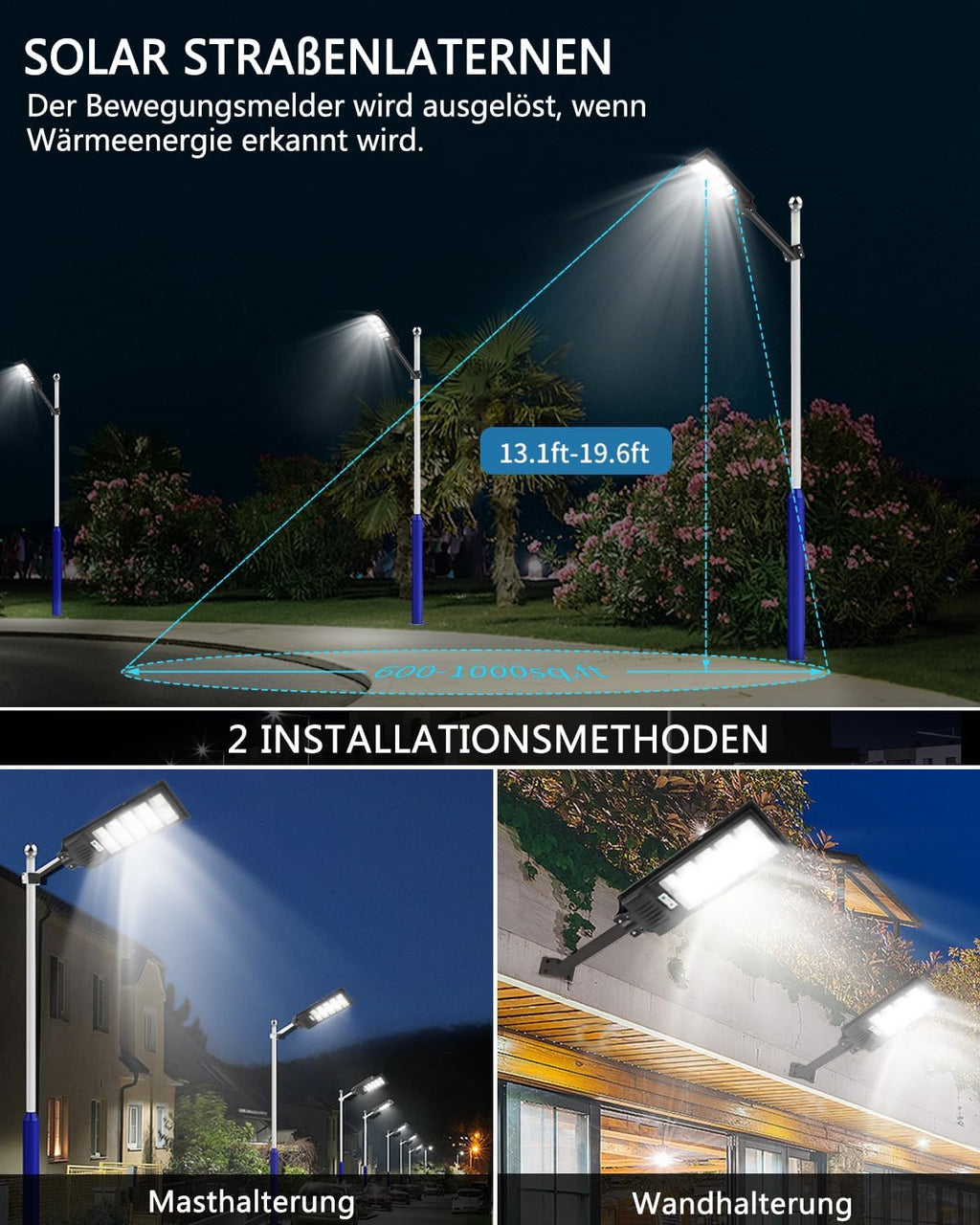 Sararoom 600W Straßenlaterne Solar Wegeleuchte, 594LEDs Solarlampe mit Bewegungsmelder, 6500K Wandleuchten mit Fernbedienung - IP65 Straßenlampe Außen Sicherheitsleuchte für Garten Garage Hof,4Pack