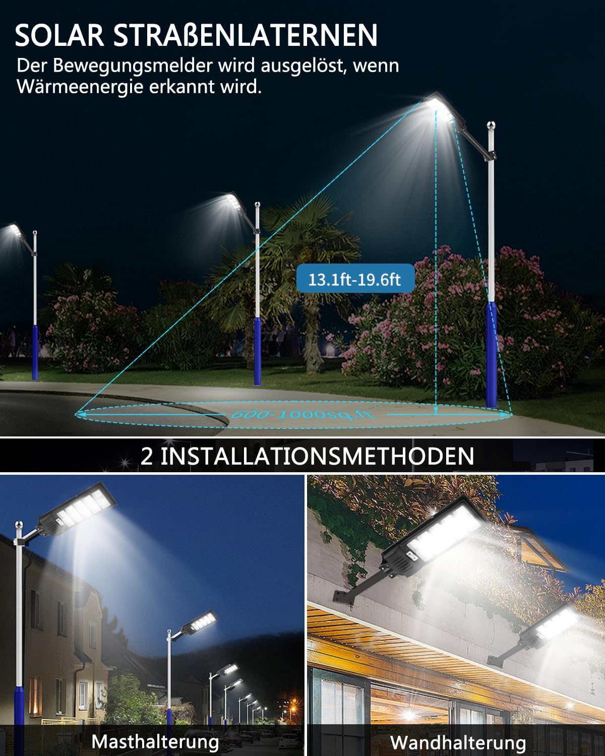 Sararoom 600W Straßenlaterne Solar Wegeleuchte, 594LEDs Solarlampe mit Bewegungsmelder, 6500K Wandleuchten mit Fernbedienung - IP65 Straßenlampe Außen Sicherheitsleuchte für Garten Garage Hof,4Pack
