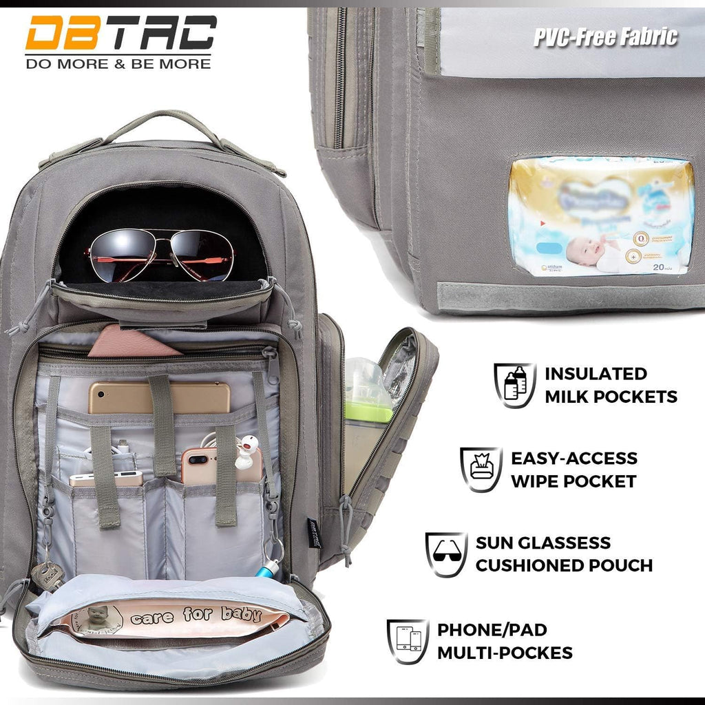 DBTAC Zaino Fasciatoio per Papà, Borsa per Pannolini Grande da Uomo con Materassino per il Cambio, Tasche Isolate + Lavabili, Cinghie per Passeggino, Grigio