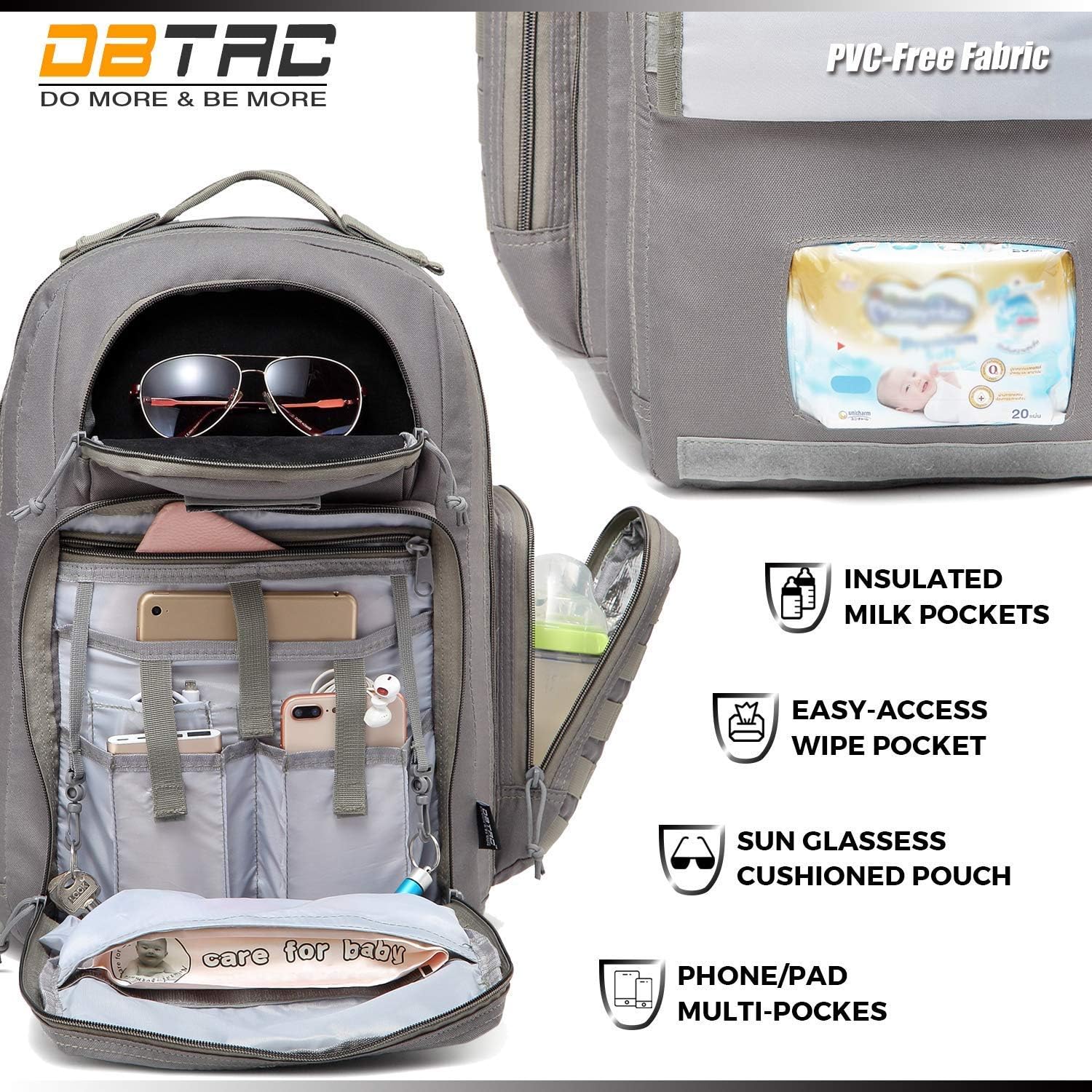DBTAC Zaino Fasciatoio per Papà, Borsa per Pannolini Grande da Uomo con Materassino per il Cambio, Tasche Isolate + Lavabili, Cinghie per Passeggino, Grigio