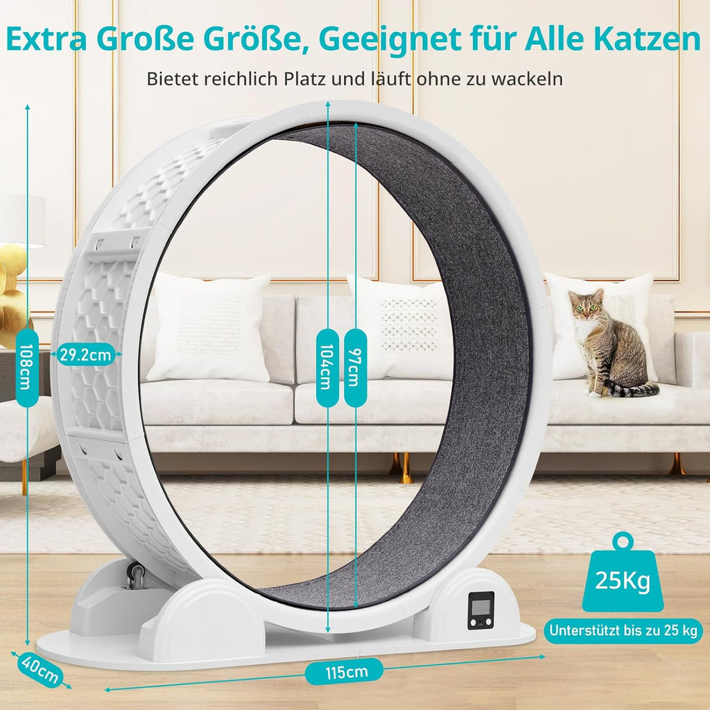 FASNATI 104cm Katzenlaufrad mit Schrittzähler, Geräuschfreies bis 25kg, Katzen Laufrad XXL mit Austauschbarer Teppichlaufbahn, Katzenrad Leise, Laufrad für Große Katzen