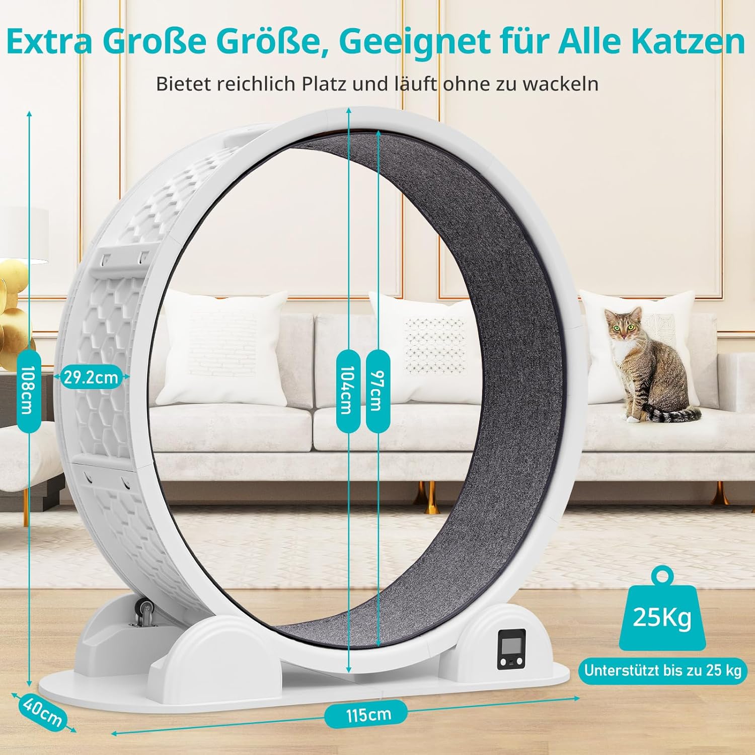 FASNATI 104cm Katzenlaufrad mit Schrittzähler, Geräuschfreies bis 25kg, Katzen Laufrad XXL mit Austauschbarer Teppichlaufbahn, Katzenrad Leise, Laufrad für Große Katzen