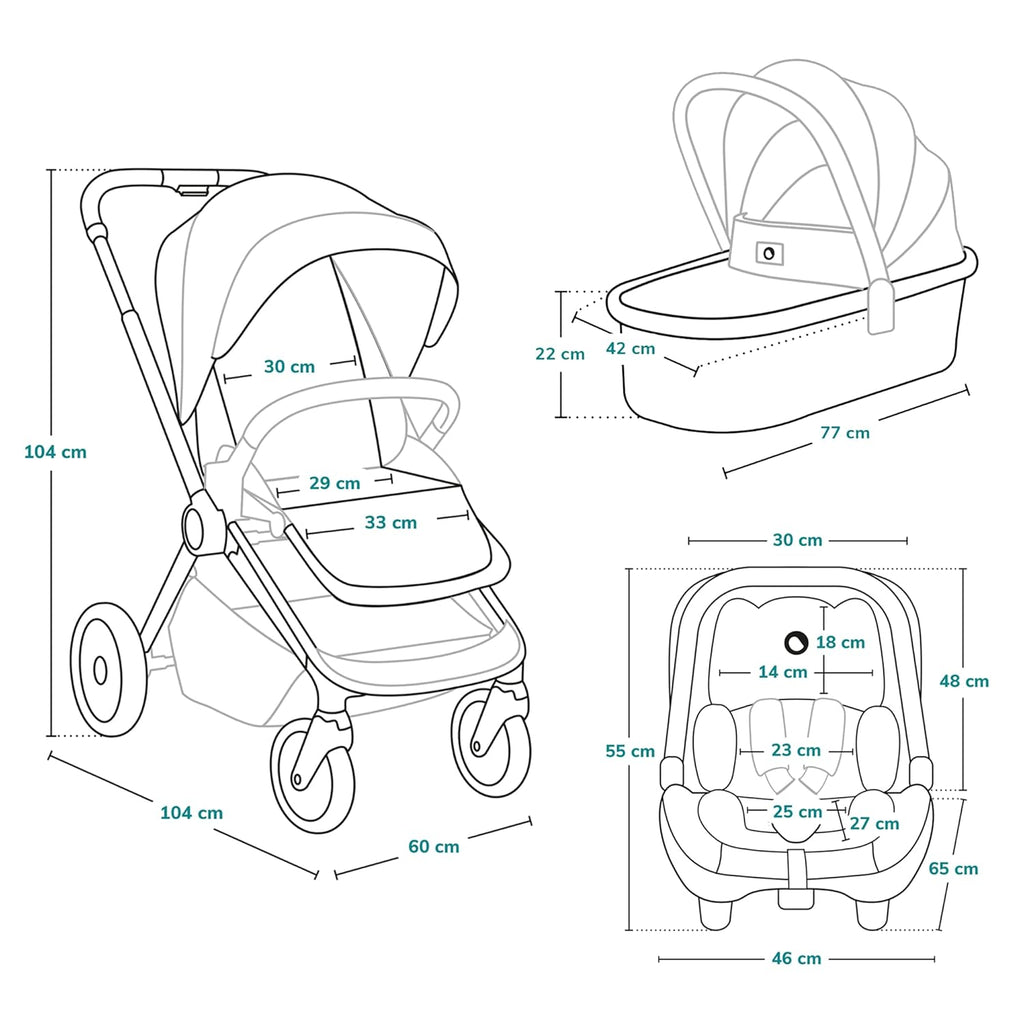 Passeggino LIONELO MIKA PLUS 3-in-1, da 0 a 48 mesi, fino a 22 kg, navicella fino a 9 kg, seggiolino auto fino a 13 kg, schienale regolabile, ammortizzazione, ruote a 360°, cappottina XXL