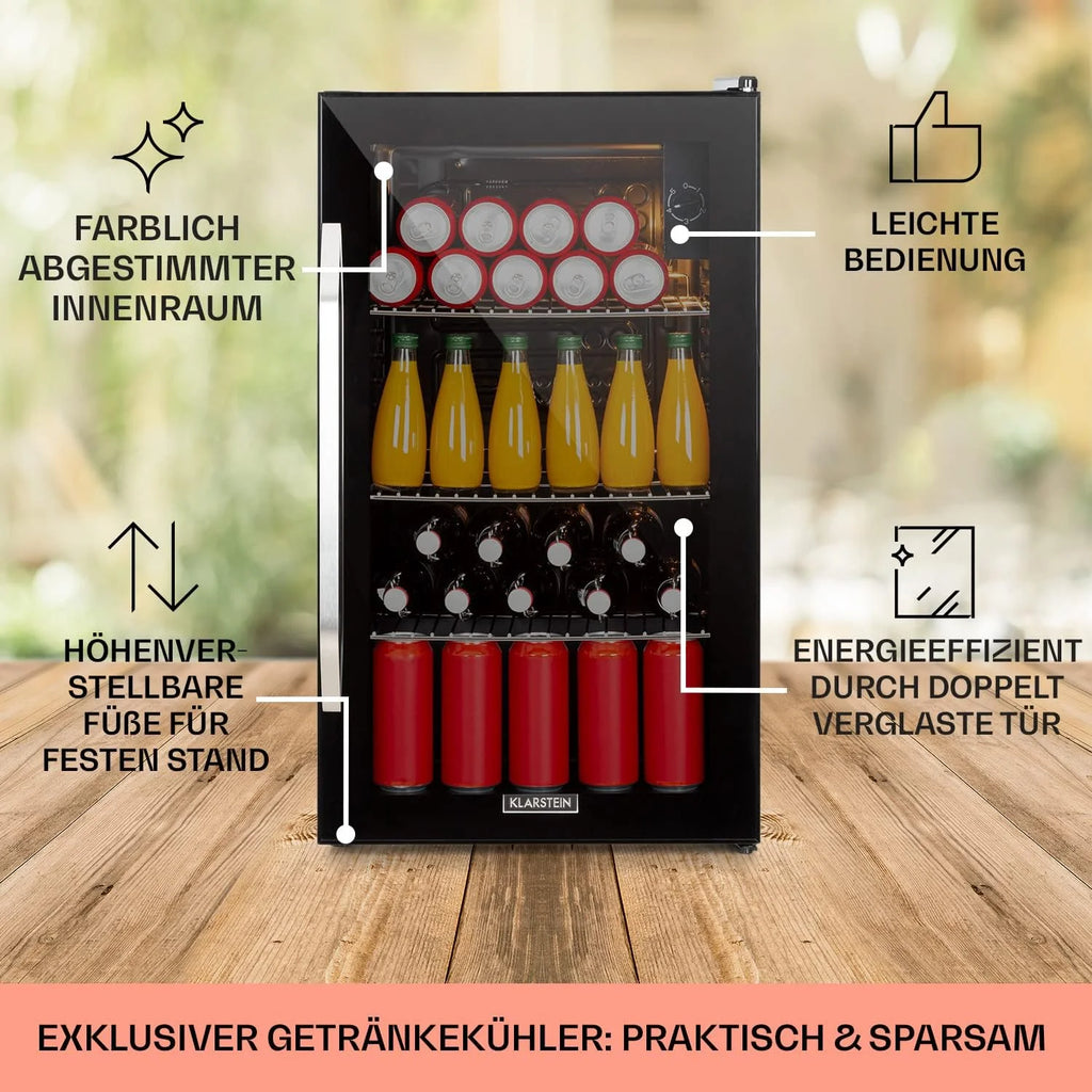 Klarstein Mini Kühlschrank mit Glastür für Zimmer, Getrnkekühlschrank mit Verstellbaren Ablagen, Kleiner 80 Liter, Indoor/Outdoor Kühlschrank Leise