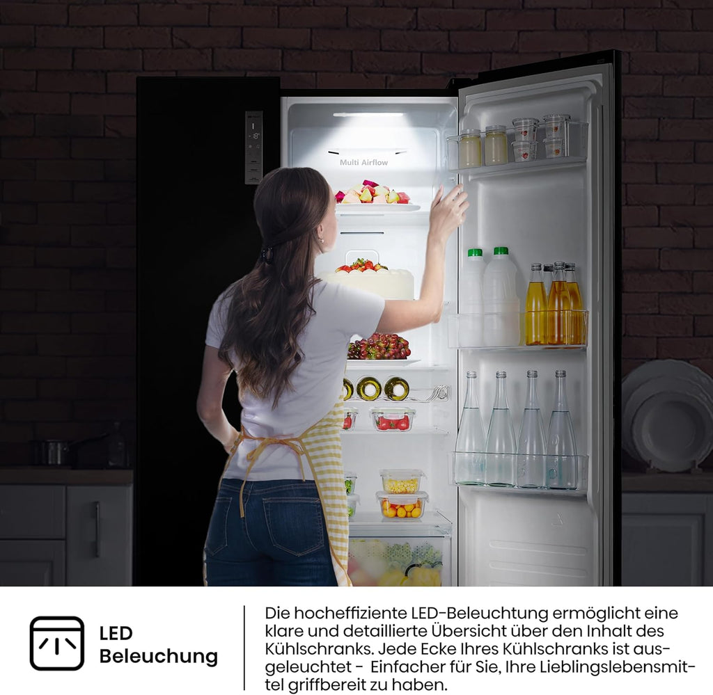 Hisense RS677N4BFD Frigorifero Americano Side by Side / Compressore Inverter / Porta Bottiglie / 2 FreshZone / Vano Verdure / Capacità Frigo 334 L / Capacità Congelatore 185 L / 41 dB / 247 kWh all'anno, Nero