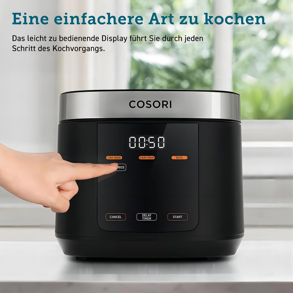 COSORI Cuociriso, Multicooker con 17 Programmi, Cuociriso 1,8 L, Fuzzy-Logic, Vaporiera con Inserto in Acciaio Inossidabile, Ricettario, Slow Cooker, Pentola Interna Premium, Funzione Mantenimento in Caldo, Timer, Nero