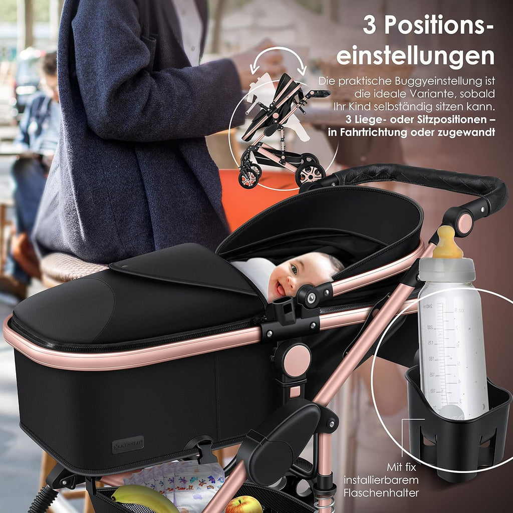 KESSER® Loops 3 in 1 Kinderwagen Kombikinderwagen Komplett-Set inkl. Babywanne & Buggy Sportsitz & Auto-Babyschale Voll-Gummireifen Wickeltasche Regenschutz Kindertisch ECE R129, Schwarz/Schwarz