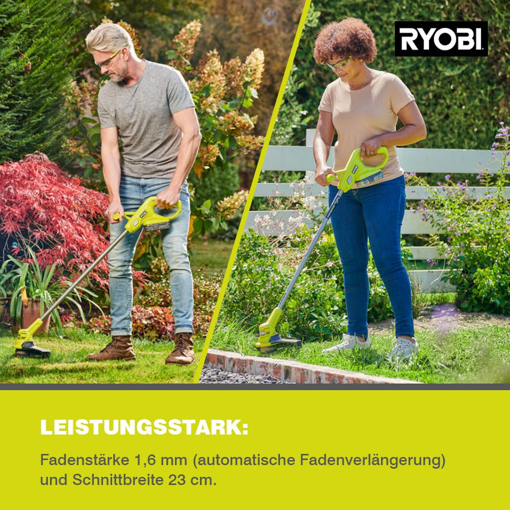 RYOBI 18 V ONE+ Akku-Rasentrimmer mit Radführung RY18LT33A-0 (33 cm Kantenschneidefunktion mit Fußsteuerung, Ø Fadenspule 1 x 1,65 mm, ohne Akku und Ladegerät)