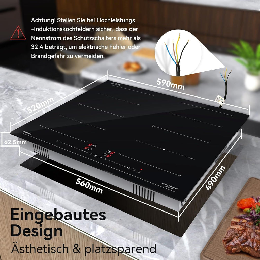 Piano cottura a induzione magicplux 60 cm, 4 zone di cottura a induzione con due zone flessibili, 9 livelli di potenza e funzione booster, timer 1-99 minuti, 7200 W