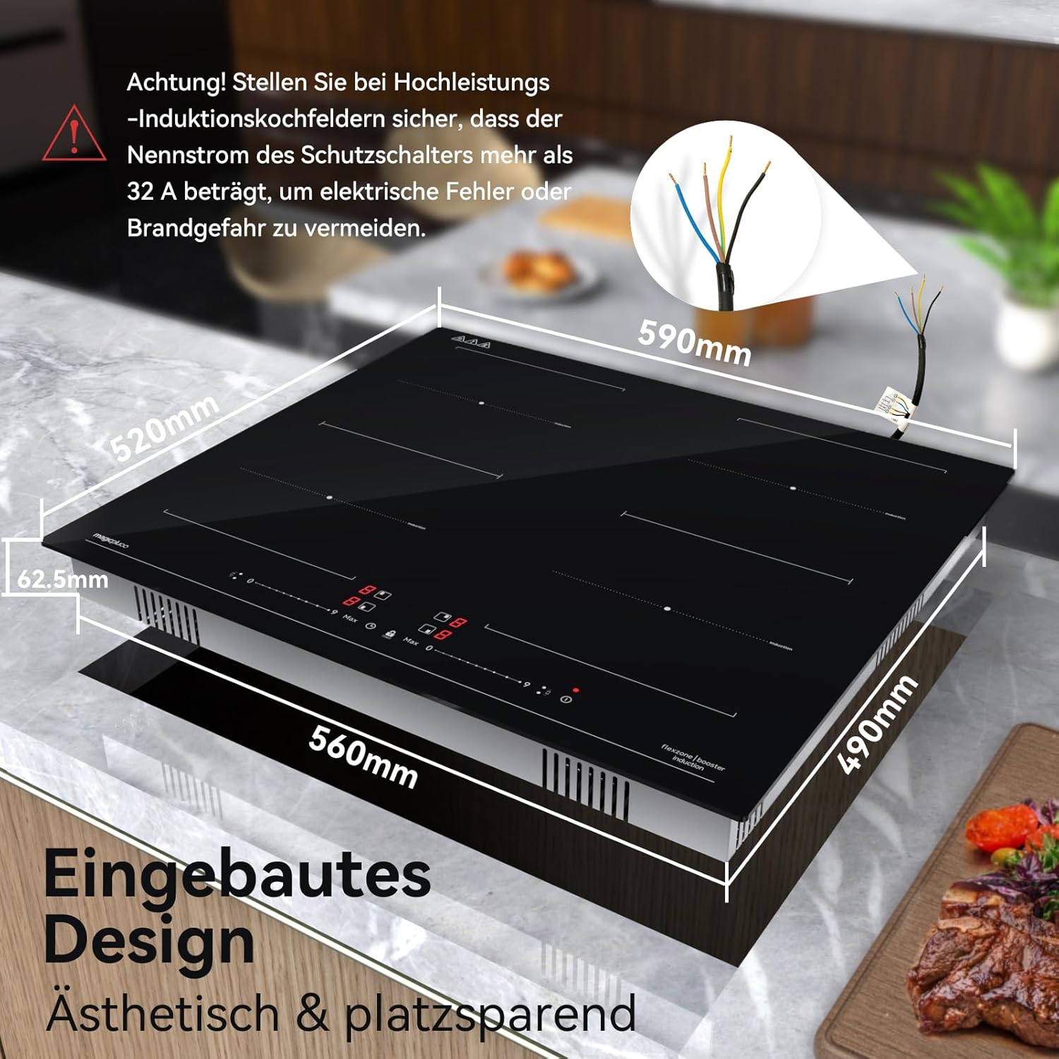 Piano cottura a induzione magicplux 60 cm, 4 zone di cottura a induzione con due zone flessibili, 9 livelli di potenza e funzione booster, timer 1-99 minuti, 7200 W