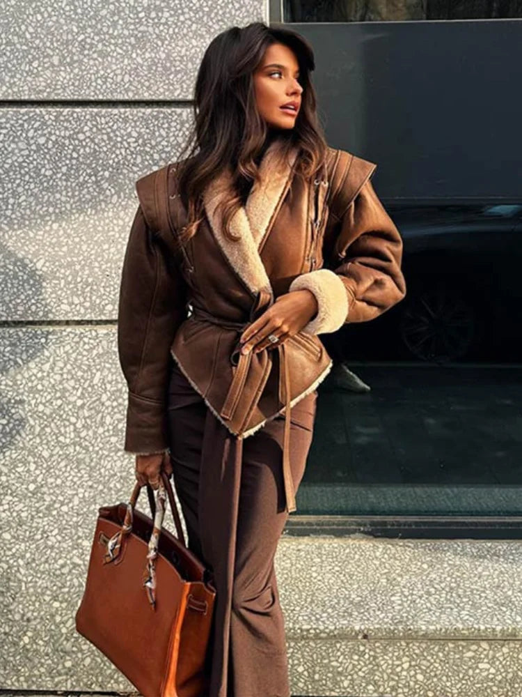 Brown Leather Jacket With Fur And Belt