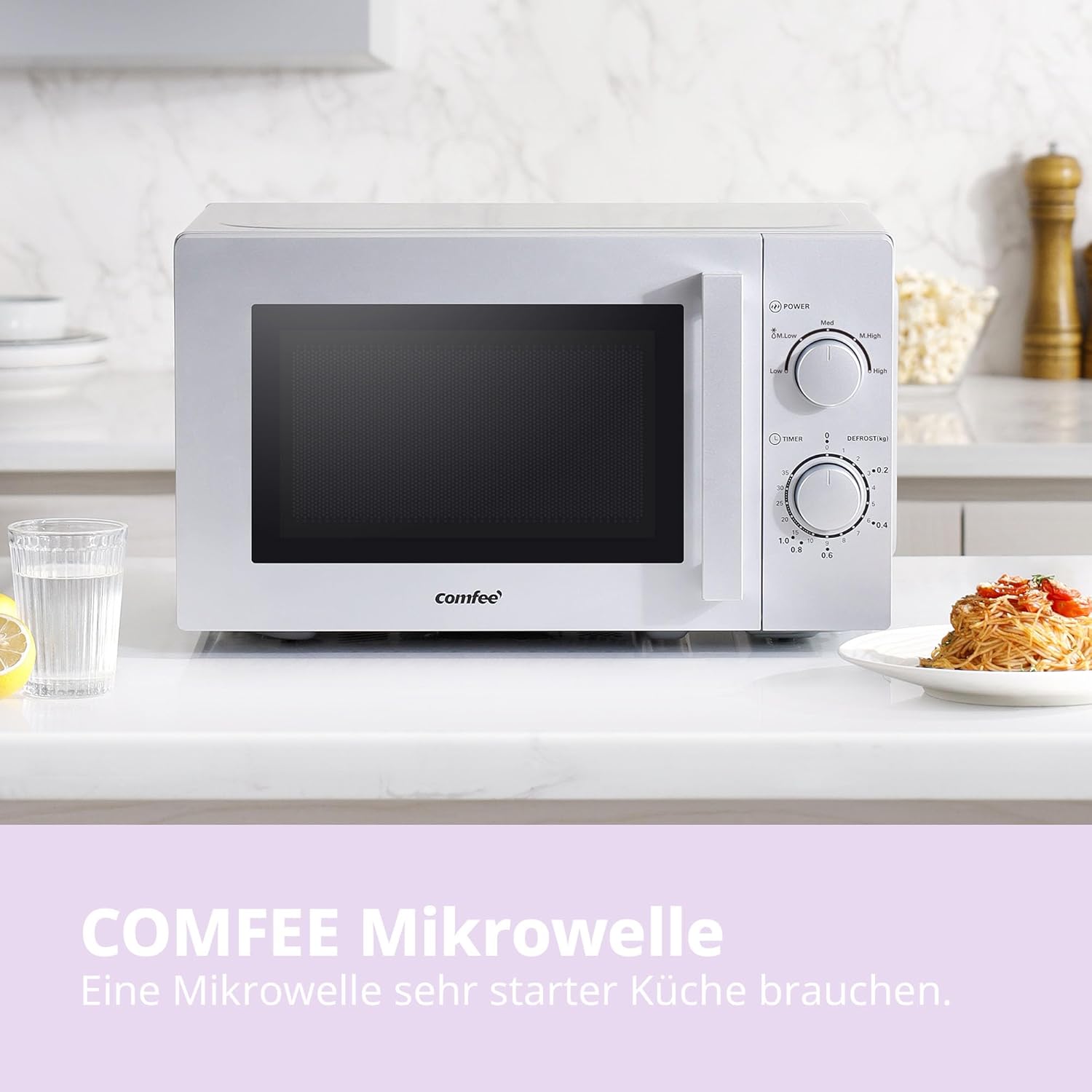 Comfee CMSN 20 wh Microonde/Solo microonde con 5 livelli di potenza/Illuminazione interna/Funzione di scongelamento facile/Piatto girevole a 360°/Due manopole rotanti/20L/700W/Bianco, Meccanico