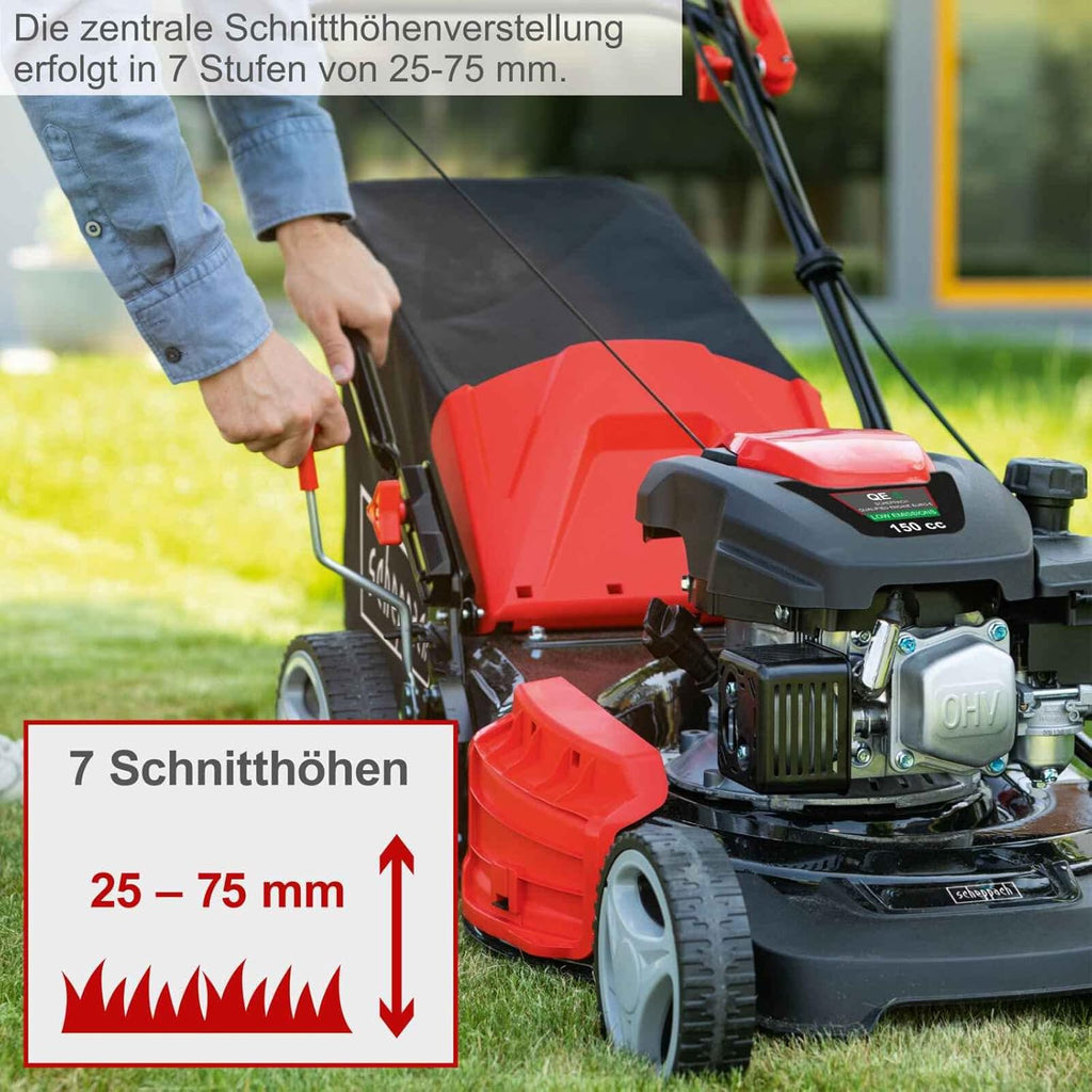Scheppach MS161-46 Tosaerba a benzina - Larghezza di taglio 46 cm | Sacco di raccolta da 55 litri | Telaio in acciaio | Regolazione altezza a 7 livelli | Funzione mulching | Trazione | Scarico laterale | incl. olio motore