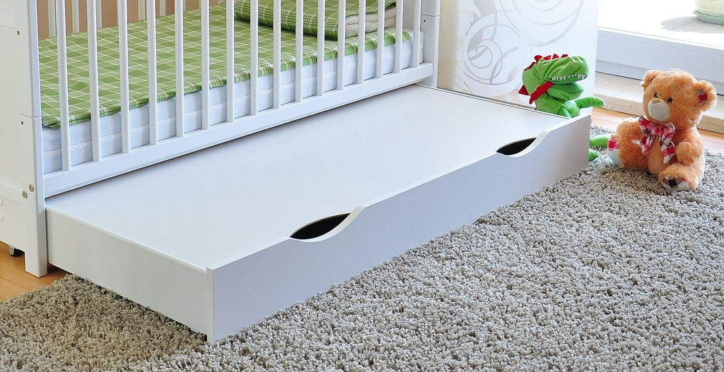 Marsell Lettino per bambini con cassetti con coperchio Lettino per bambini con materasso in schiuma Aloe Vera, protezioni per i denti regolabili in altezza, Bianco, trasformabile in lettino per ragazzi