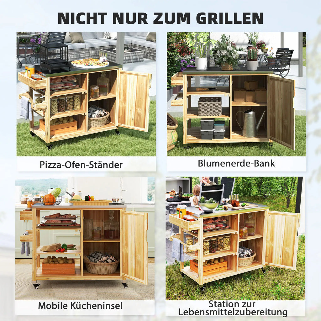 Outsunny Isola Barbecue da Esterno con Ruote in Legno Massello
