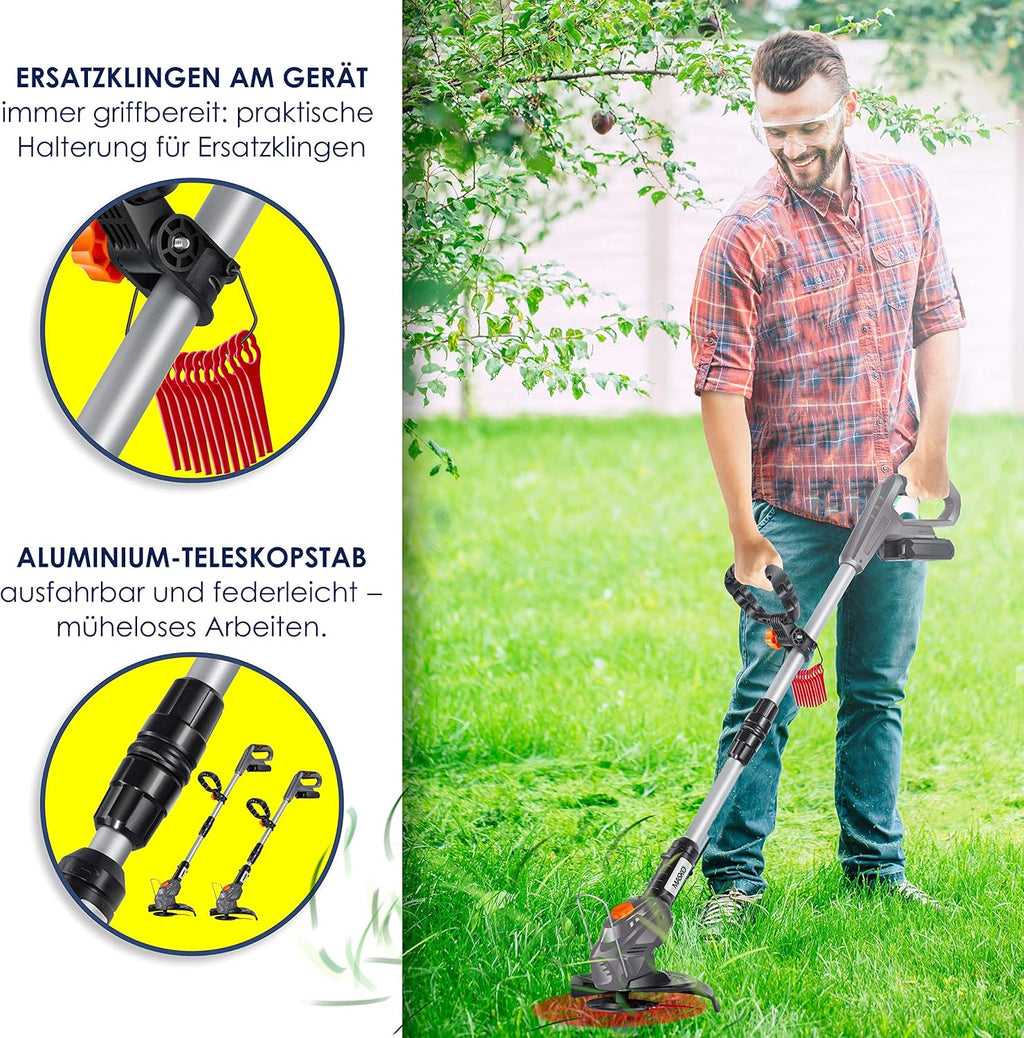 MASKO Decespugliatore a batteria con batteria al litio da 20 V, batteria da 2,0 Ah e caricabatterie, larghezza di taglio 26 cm, angolo di taglio 180°, manico telescopico e impugnatura aggiuntiva, incl. 20 lame in plastica, grigio