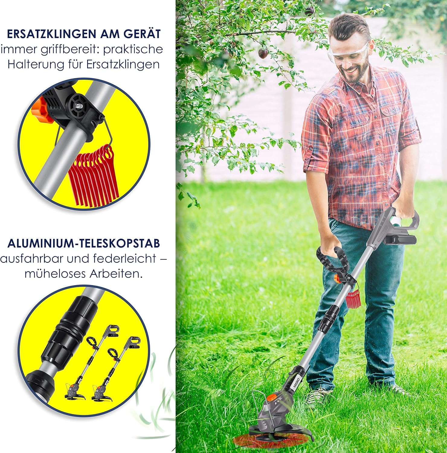 MASKO Decespugliatore a batteria con batteria al litio da 20 V, batteria da 2,0 Ah e caricabatterie, larghezza di taglio 26 cm, angolo di taglio 180°, manico telescopico e impugnatura aggiuntiva, incl. 20 lame in plastica, grigio