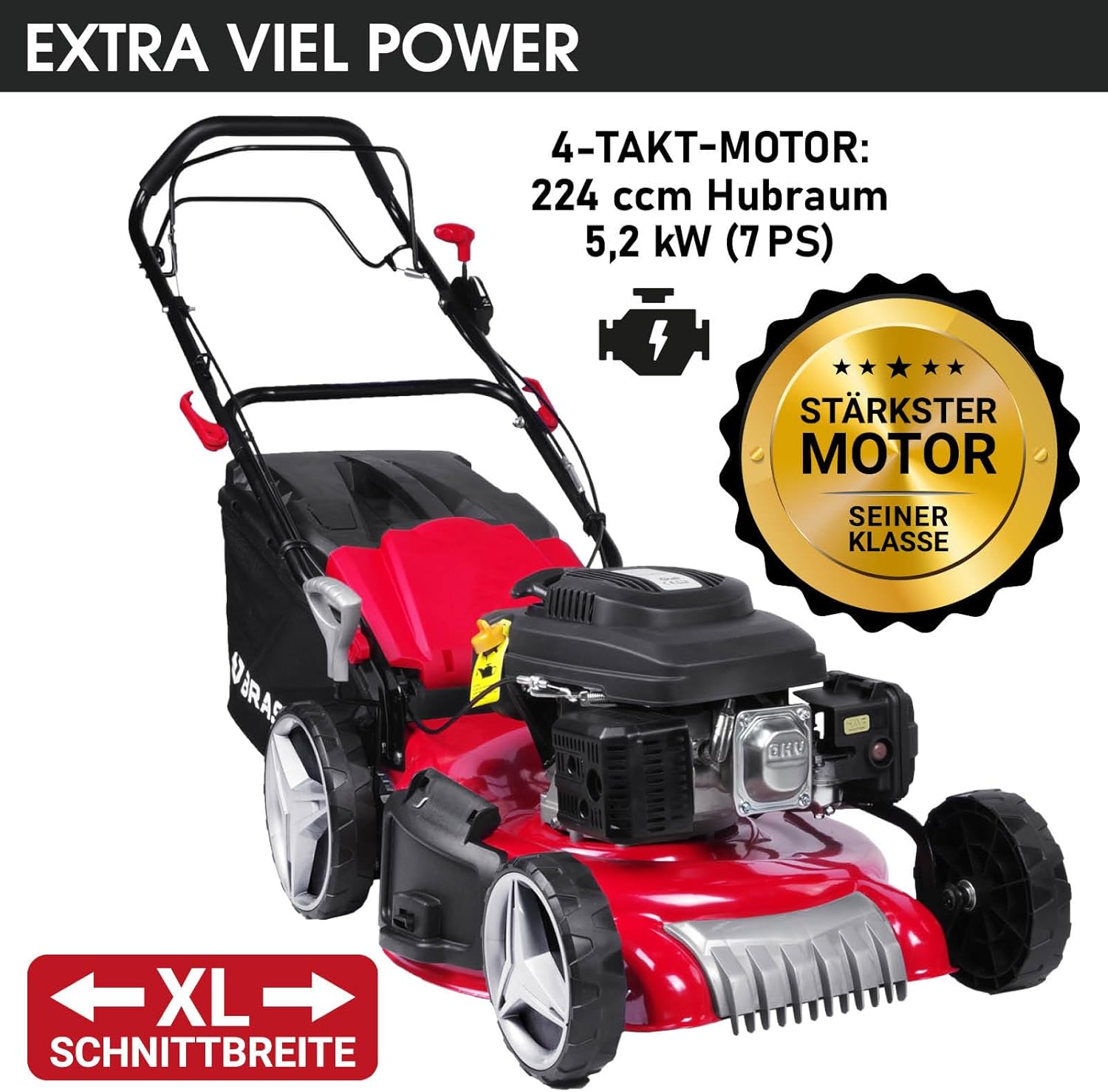 BRAST® Benzin Rasenmäher mit Antrieb | 3,5kW (4,76PS)-5,2kW(7PS) | 46-51cm Schnittbreite | viele Modelle | TÜV | 4 Takt OHV Motor | 30-80mm Schnitthöhe | 60L Fangkorb | Stahlgehäuse | RED LINE 7PS