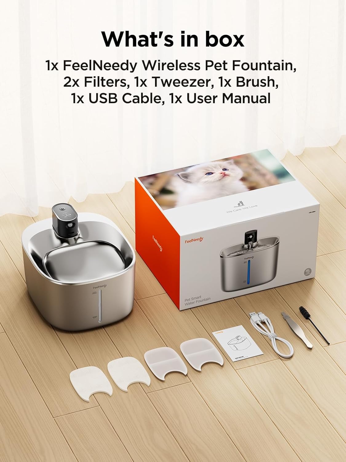 Fontana per Gatti Senza Fili con Sensore di Movimento a Batteria da 4000mAh, Fontana d'Acqua Silenziosa da 4L FEELNEEDY con Sensore di Movimento per Gatti e Cani Piccoli, Vasca d'Acqua in Acciaio Inossidabile, 2 Filtri