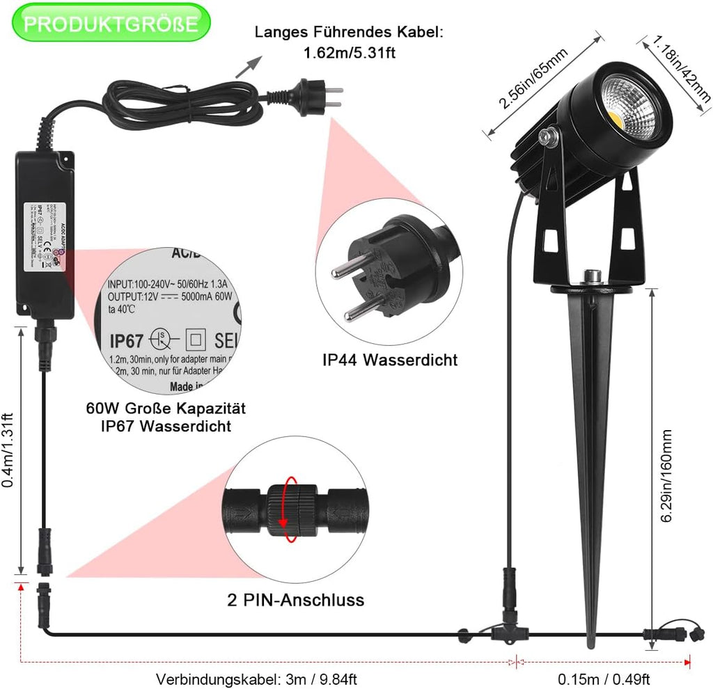 AIMHEIM 12er-Set Gartenstrahler LED Warmweiß, 3W Gartenleuchte Garten Beleuchtung mit Stecker, Schwenkbar Außen-Strahler Aussenbeleuchtung Erdspieß IP65 Wasserdicht für Baum, Pflanzen, Teich