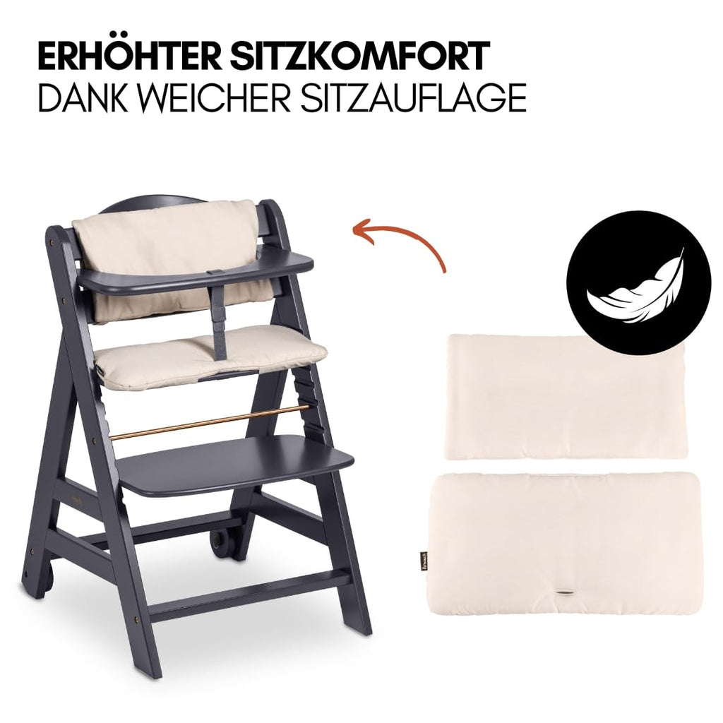 hauck Hochstuhl Beta+ Newborn Set Premium Dark Grey - Babyhochstuhl Set ab Geburt mit Neugeborenen Aufsatz Bouncer, Sitzpolster und Essbrett - Dark Grey