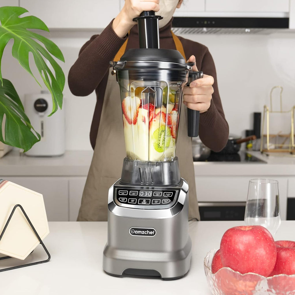 AMZCHEF Frullatore Professionale 2 IN1 con Contenitori da 1850 ml e 600 ml per Due Modalità di Frullatura | Frullatore da Tavolo 2000 Watt con 6 Lame Professionali e 22000 Giri/Min - Grigio Opaco