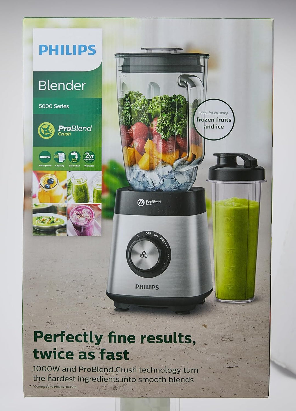 Philips Frullatore da tavolo e per smoothie – 1000 W, caraffa in vetro da 2 litri, app HomeID, velocità variabile, ProBlend Crush, bicchiere da viaggio (HR3573/90)
