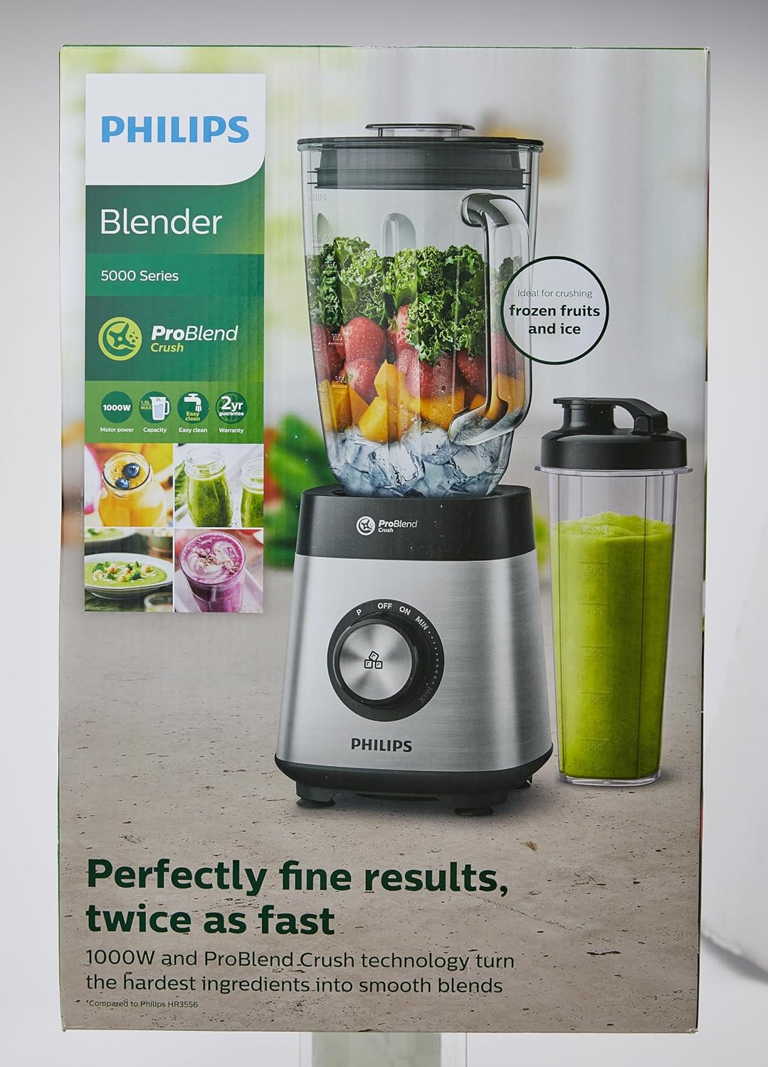 Philips Frullatore da tavolo e per smoothie – 1000 W, caraffa in vetro da 2 litri, app HomeID, velocità variabile, ProBlend Crush, bicchiere da viaggio (HR3573/90)