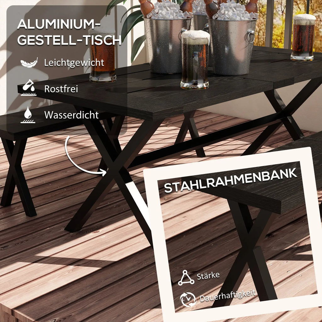 Outsunny Set Tavolo da Birreria 3 pz. con Foro per Ombrellone Effetto Legno