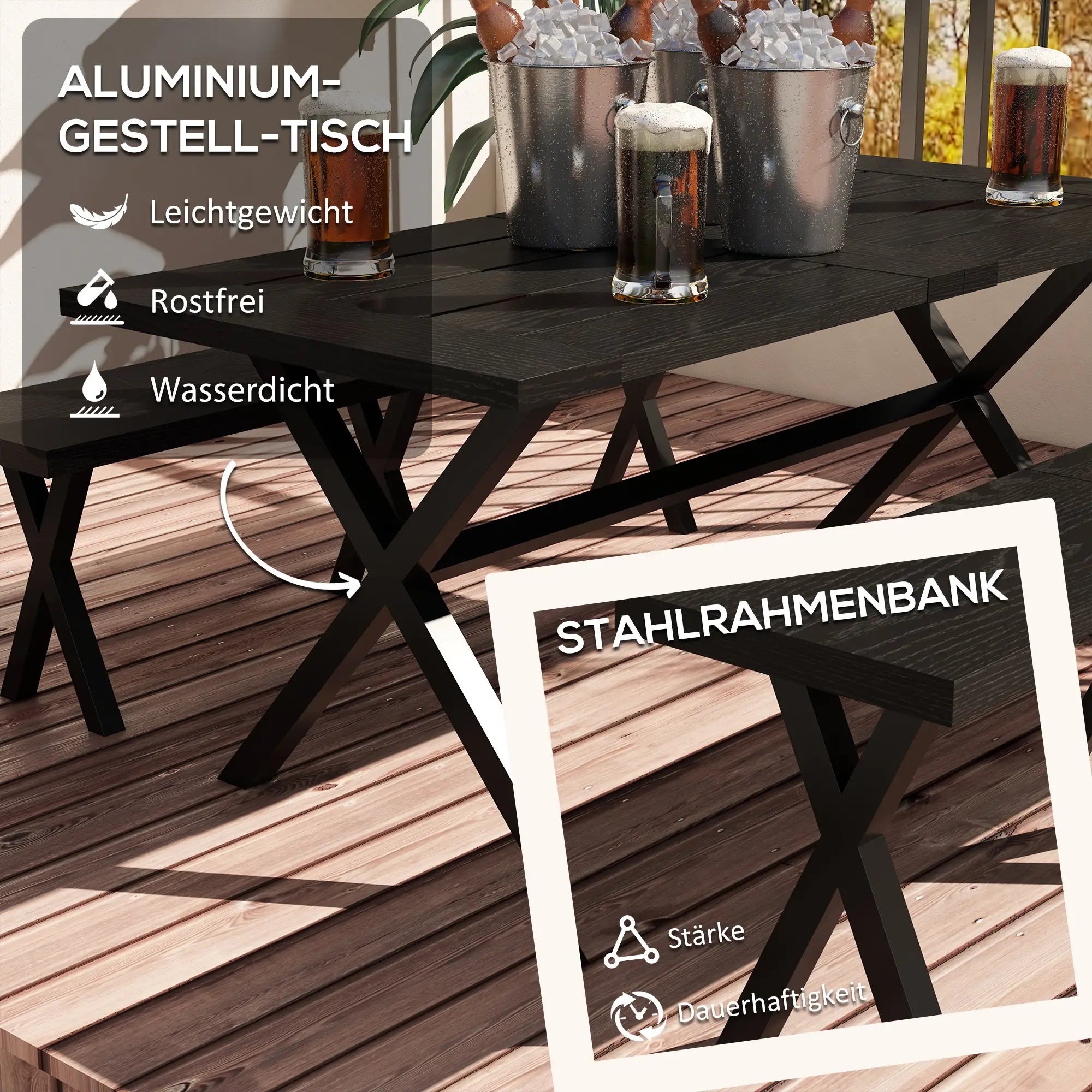 Outsunny Set Tavolo da Birreria 3 pz. con Foro per Ombrellone Effetto Legno
