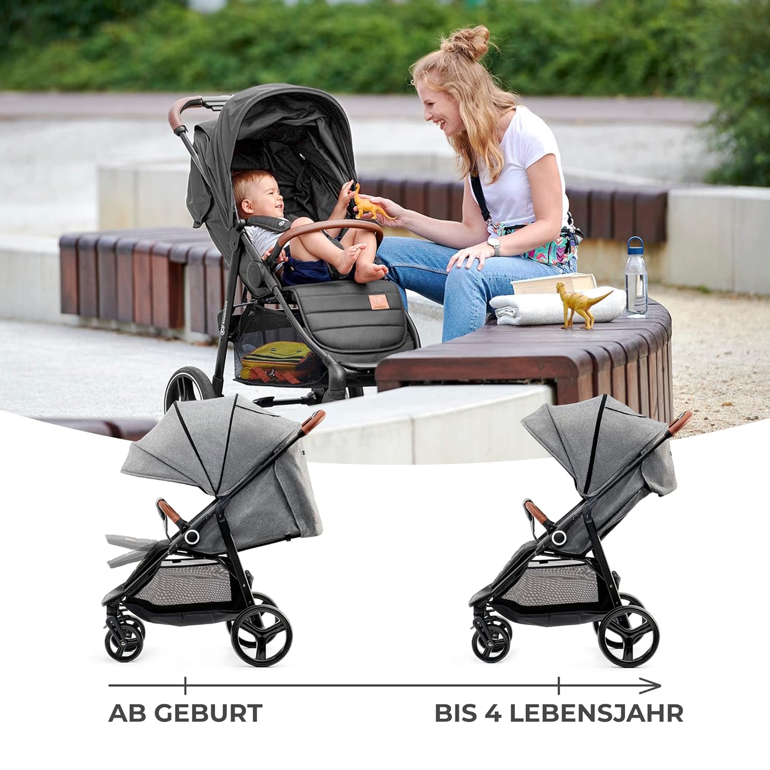 Kinderkraft GRANDE PLUS Passeggino Kinderkraft dalla nascita fino a 22 kg, chiusura con una mano, posizione reclinata, cappottina grande con finestra, tutte e 4 le ruote ammortizzate, seduta spaziosa, Grigio