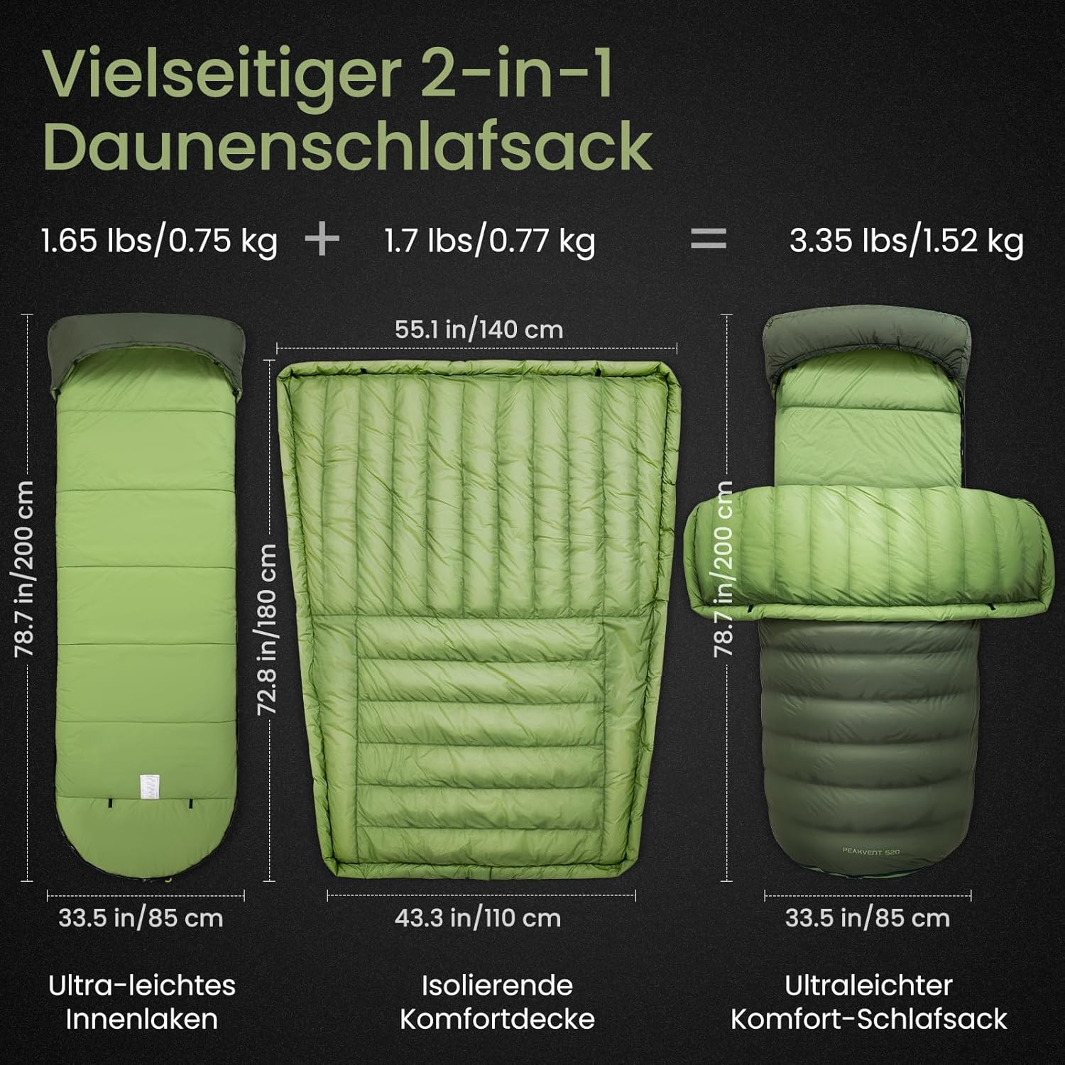 ATEPA Daunen Schlafsack Winter mit abnehmbare Decke, daunen Schlafsack XXL für 3-4 Jahreszeiten mit mattenbefestigung, Fußkasten, Zwei-Wege-Reißverschluss, Camping Outdoor