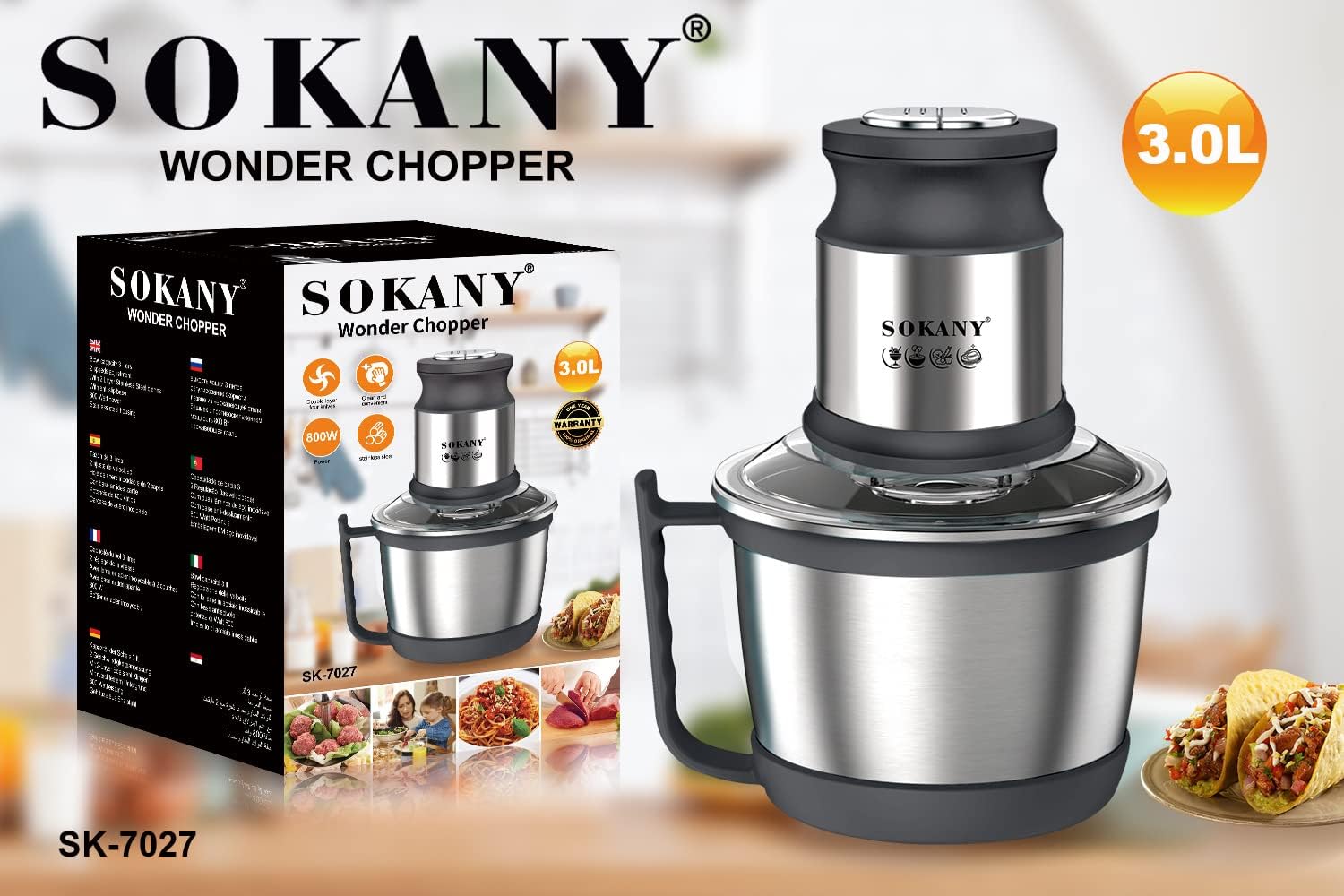 SOKANY Tritacarne Elettrico da Cucina 1500W con Ciotola in Acciaio Inox da 6,5L, Tritatutto con 3 Livelli di Velocità, Robot da Cucina con 4 Lame per Carne, Cipolle, Frutta, Verdura