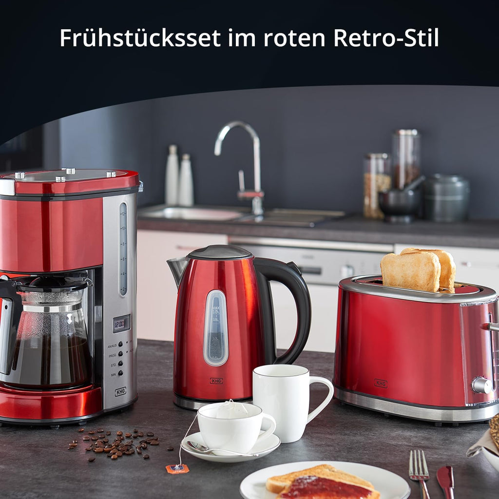 KHG Frühstücksset Wasserkocher, Toaster & Kaffeemaschine in Rot, Edelstahl Metallic Chrom, 1,7l Kapazität, 2 Toast Scheiben & 12 Tassen Kaffee, Kontrollleuchten, Wasserstandsanzeigen, Permanentfilter