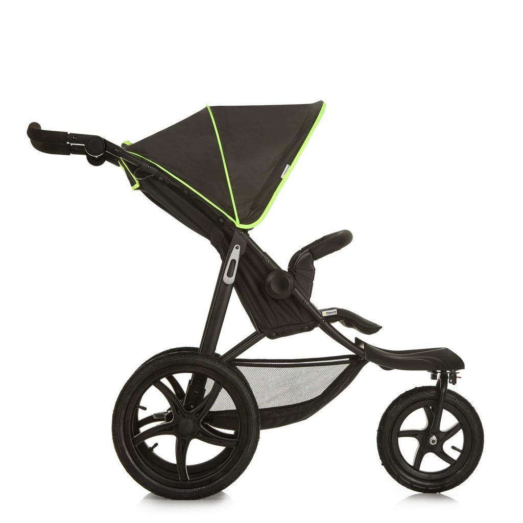 hauck Passeggino Runner 2, Passeggino a tre ruote con ruote pneumatiche XL per bambini fino a 22 kg, Protezione UV 50+, Finestra di ventilazione, Regolabile in altezza, Pieghevole, Cestino XL fino a 3 kg, Funzione reclinabile (Nero)