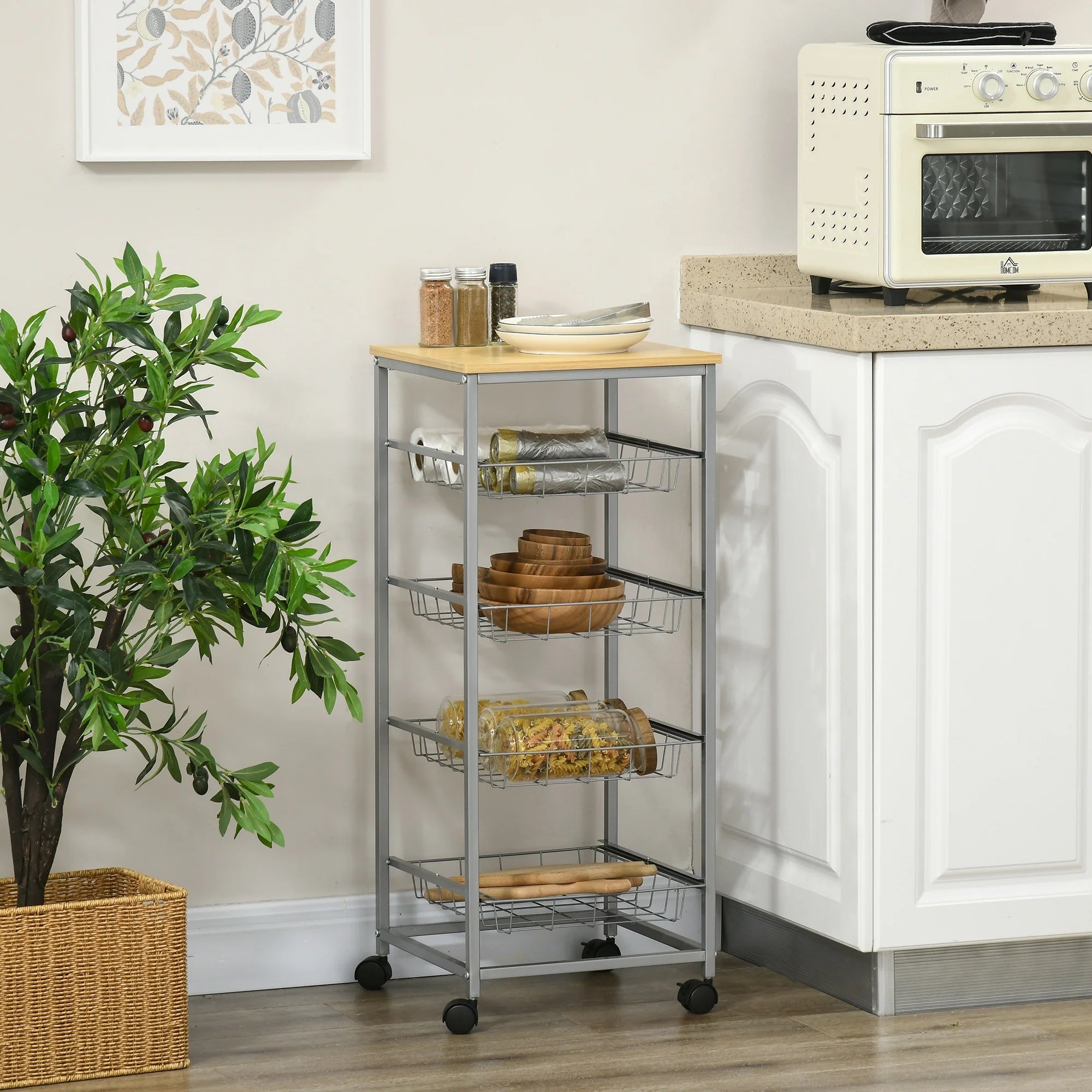 HOMCOM Carrello da Cucina con Ruote a 4 Cesti in Acciaio