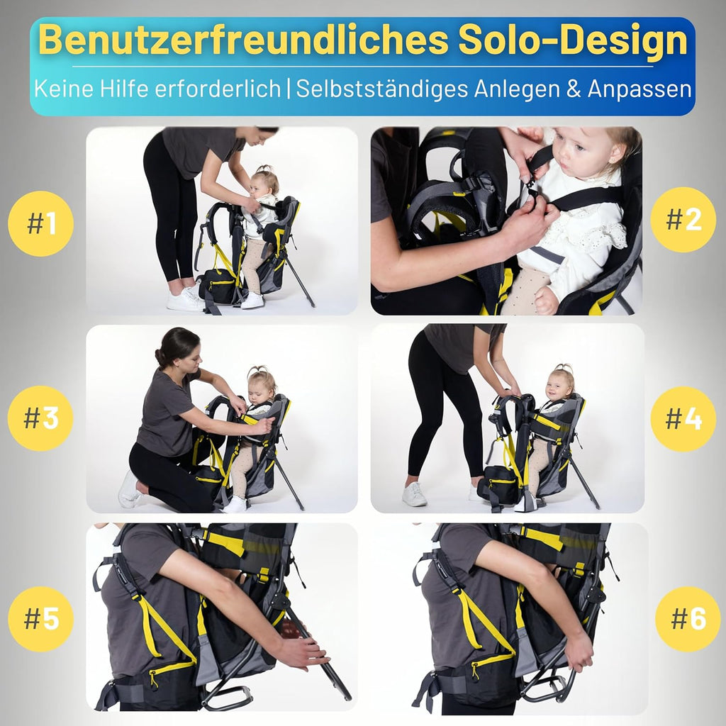 Dromader Kraxe Kindertrage bis 22kg – Kindertrage Wandern mit Sonnendach, Regenschutz, Thermotasche, Wickelmatte – Einhändig klappbare Rahmen – Blau