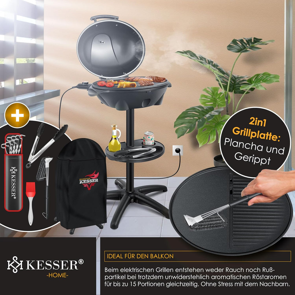 KESSER® Barbecue elettrico 2 in 1 da tavolo e da terra con coperchio, base, termometro max. 2400 Watt, piastra antiaderente XXL, ripiano, barbecue elettrico a colonna, set per barbecue incluso